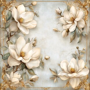 复古金边玉兰花装饰画