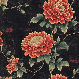 中式复古红菊花卉图案