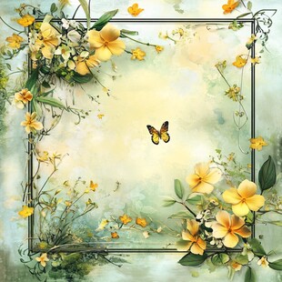 黄花卉蝴蝶梦幻边框背景图