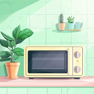厨房中的微波炉与绿植