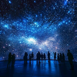 梦幻星空下的参观者身影