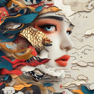 东方奇幻风女子与锦鲤插画