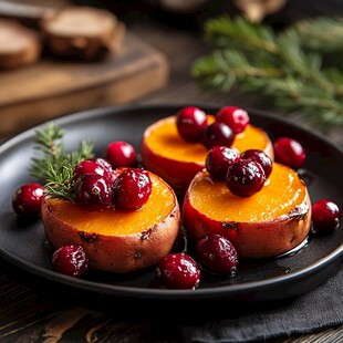 烤红薯配蔓越莓的精致摆盘