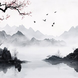 水墨山水间飞鸟伴花景