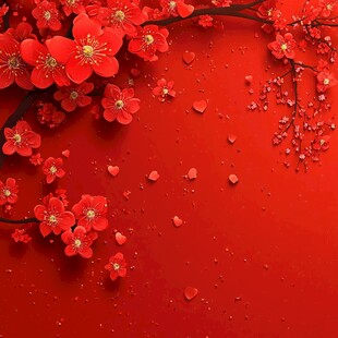红梅绽放于喜庆红背景中