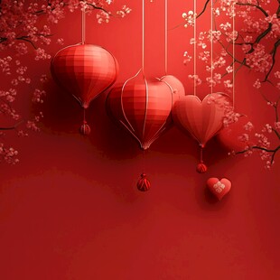 红色爱心气球与繁花背景