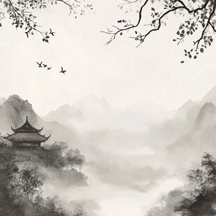 水墨山水间的亭与飞鸟