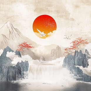 旭日山水间 飞鸟映红霞