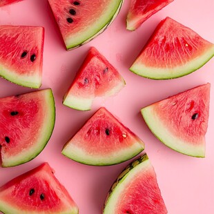 粉色背景上的鲜切西瓜片