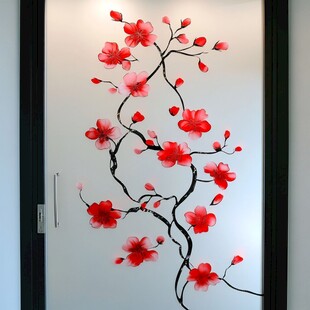 中式红梅花玻璃门装饰画