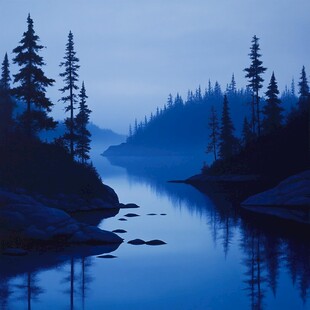 静谧蓝调湖畔森林夜景