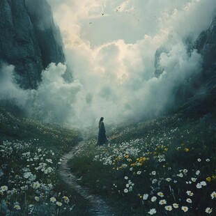 漫步花海小径的孤独身影