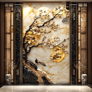 中式玉雕梅花玄关背景墙