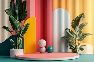 多彩几何场景中的绿植摆件