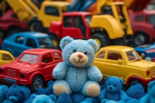 蓝熊置身多彩玩具车之中