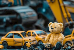 泰迪熊与黄色玩具车的场景