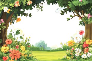 春日繁花绿树风景插画