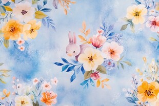 梦幻蓝底花卉与萌兔图案