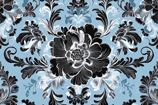 蓝底黑白花卉复古风图案