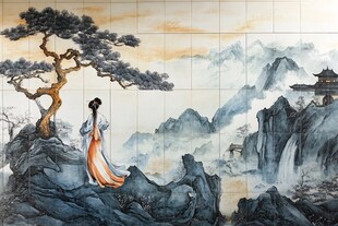 古典女子立于山水画卷中