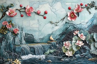 中式山水花鸟瓷砖壁画