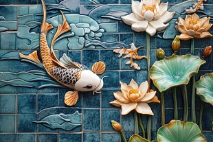 锦鲤戏荷浮雕艺术画面