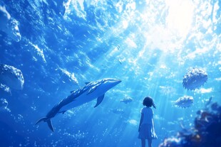 少女与海豚的梦幻海底邂逅