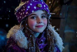 冬日紫衣少女的甜美微笑