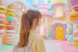 少女置身梦幻马卡龙世界