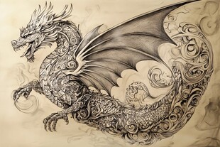 手绘奇幻飞龙纹身图案设计