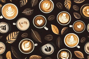咖啡拉花与咖啡豆叶图案