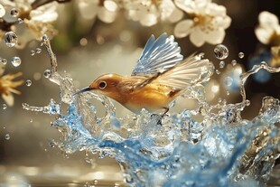 小鸟嬉水溅起晶莹水花