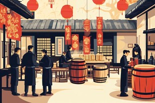 古代酒坊热闹酿酒场景