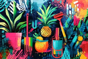 多彩园艺工具与植物插画