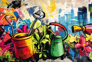 涂鸦风园艺工具与花卉景观