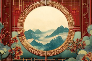 中式古典山水窗景插画