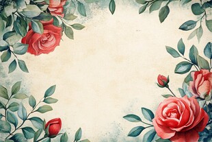 水彩玫瑰绿叶边框背景图