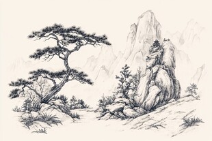 水墨山水松景图