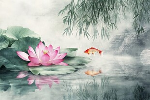 水墨荷塘锦鲤悠然图