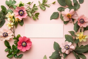 粉色背景花卉与空白卡片