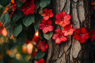 树干上绽放的艳丽红花