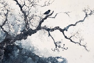 水墨枝头栖鸟图