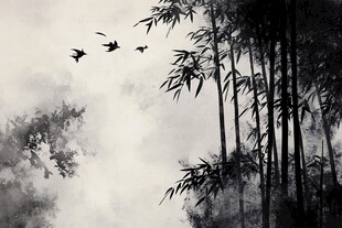 竹林飞鸟水墨意境图