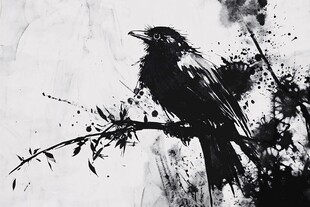 水墨风栖息枝头的黑鸟