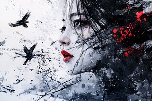 雪中红颜与飞鸟的奇幻画面