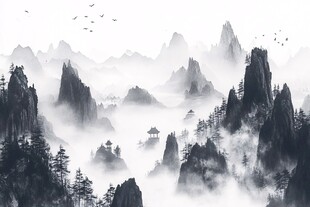 水墨群山间飞鸟绕古亭