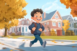 男孩秋日欢快跑向学校