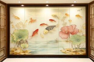 中式锦鲤荷花艺术背景墙