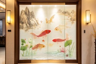 中式玄关锦鲤山水艺术玻璃
