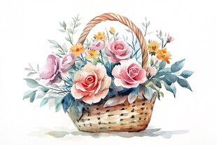 水彩绘花篮中的缤纷花卉